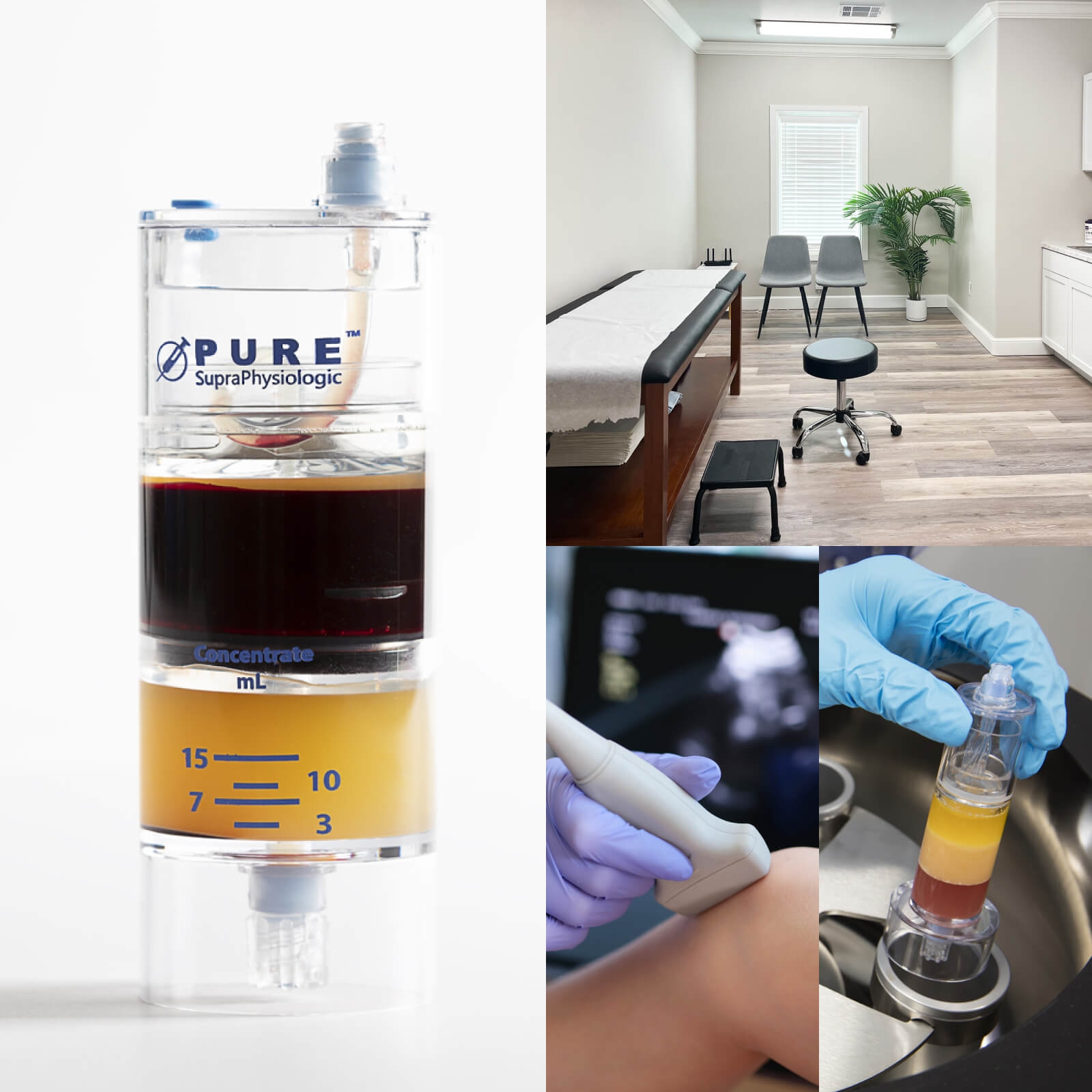 Gallery of images showing a platelet-rich plasma treatment, exam room, and ultrasound scan